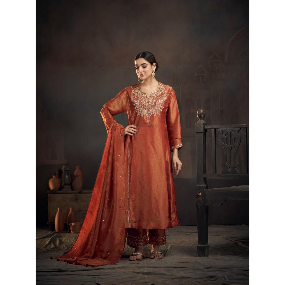 Hirika & Dhruti Rust Zardozi Work Tissue Anarkali with Pant and Dupatta (Set of 3)