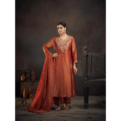 Hirika & Dhruti Rust Zardozi Work Tissue Anarkali with Pant and Dupatta (Set of 3)