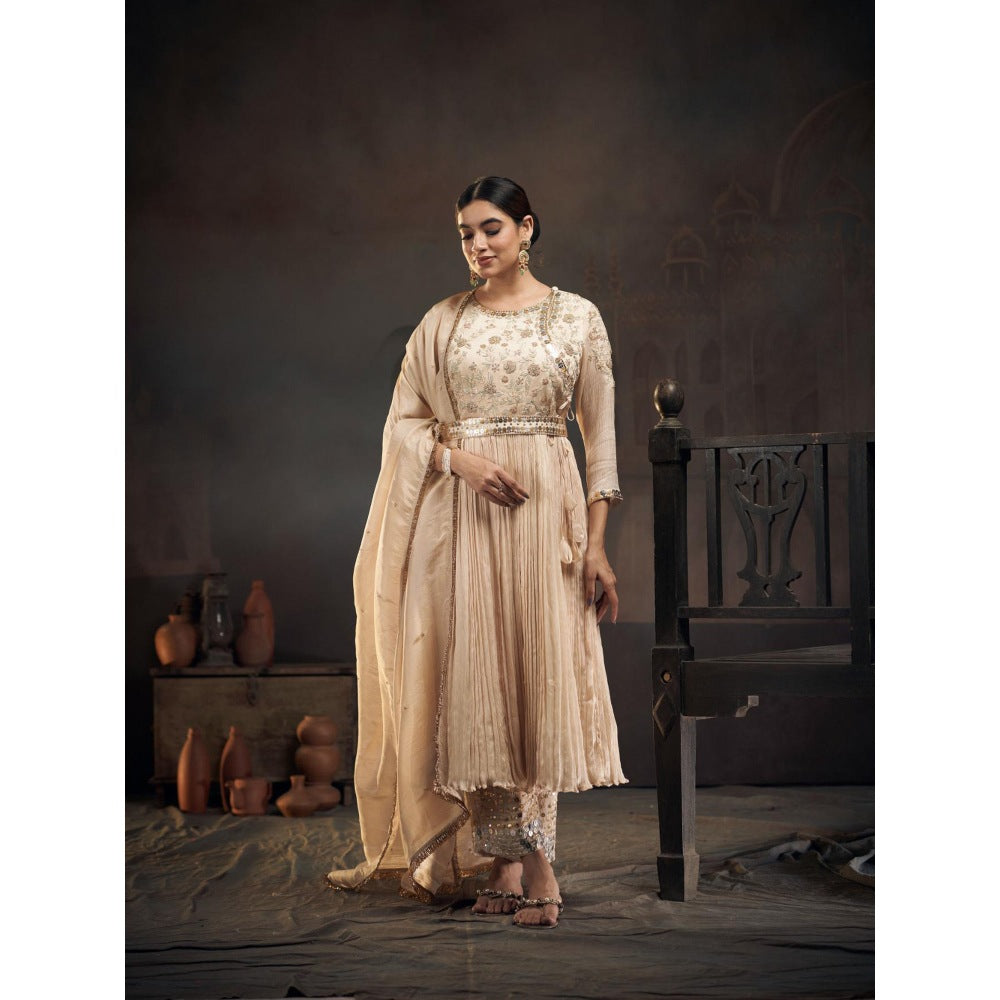 Hirika & Dhruti Beige Zardozi Pleated Anarkali with Pant and Dupatta (Set of 3)