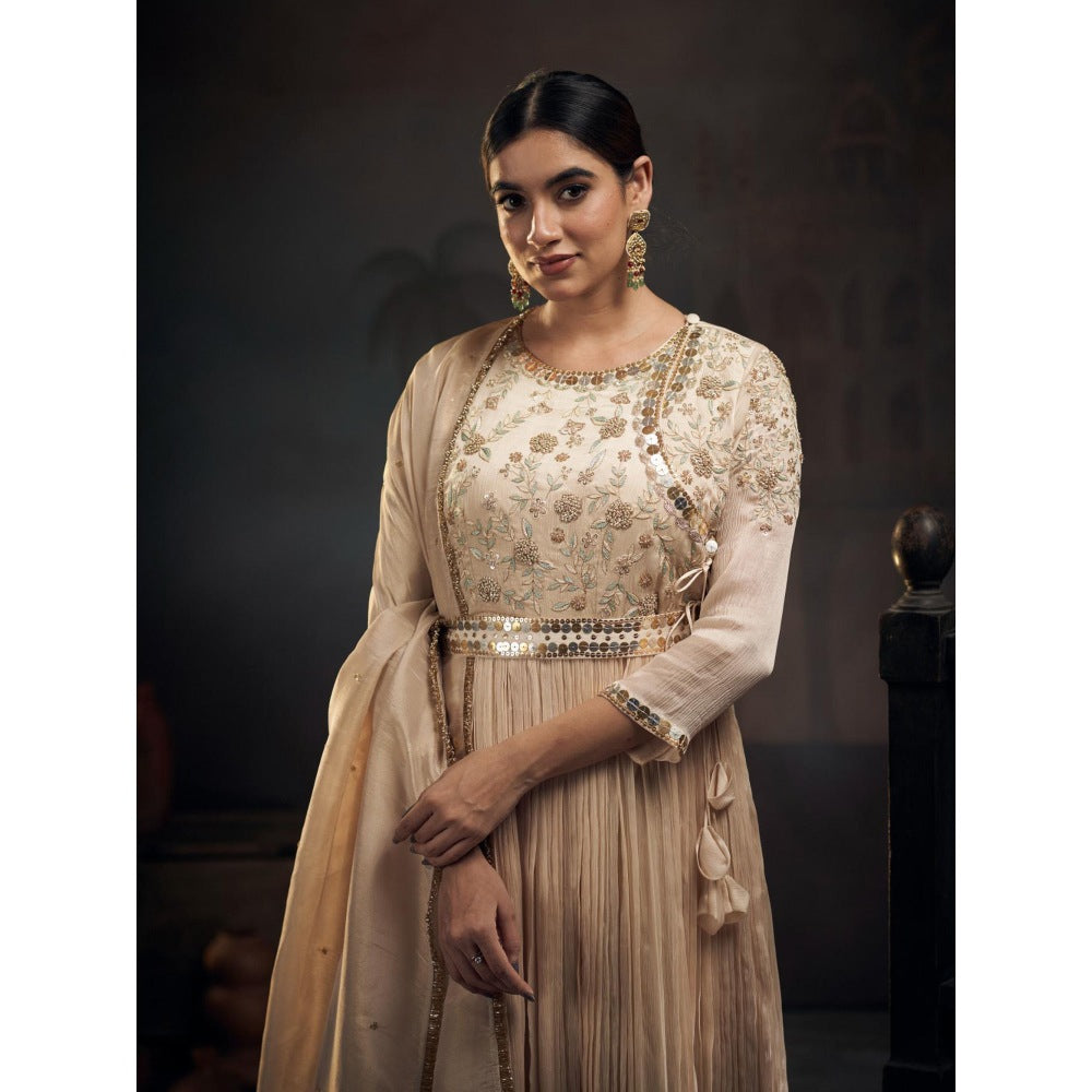 Hirika & Dhruti Beige Zardozi Pleated Anarkali with Pant and Dupatta (Set of 3)
