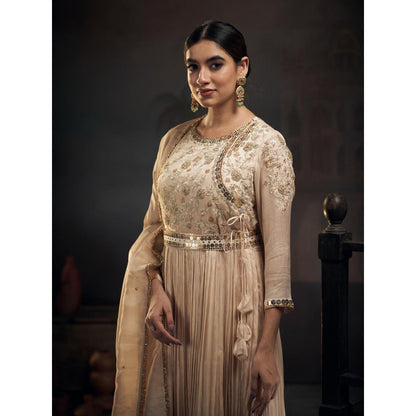 Hirika & Dhruti Beige Zardozi Pleated Anarkali with Pant and Dupatta (Set of 3)