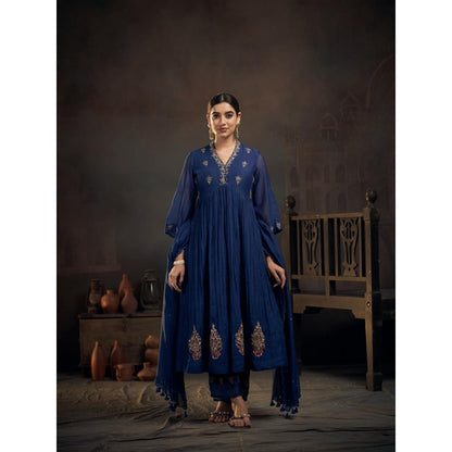 Hirika & Dhruti Blue Marodi Anarkali with Pant and Dupatta (Set of 3)