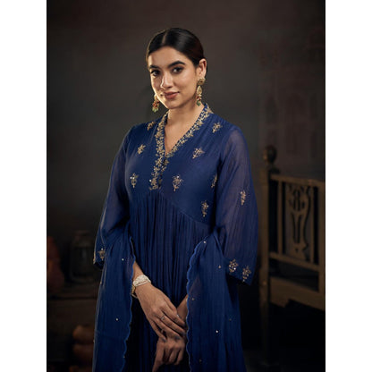 Hirika & Dhruti Blue Marodi Anarkali with Pant and Dupatta (Set of 3)