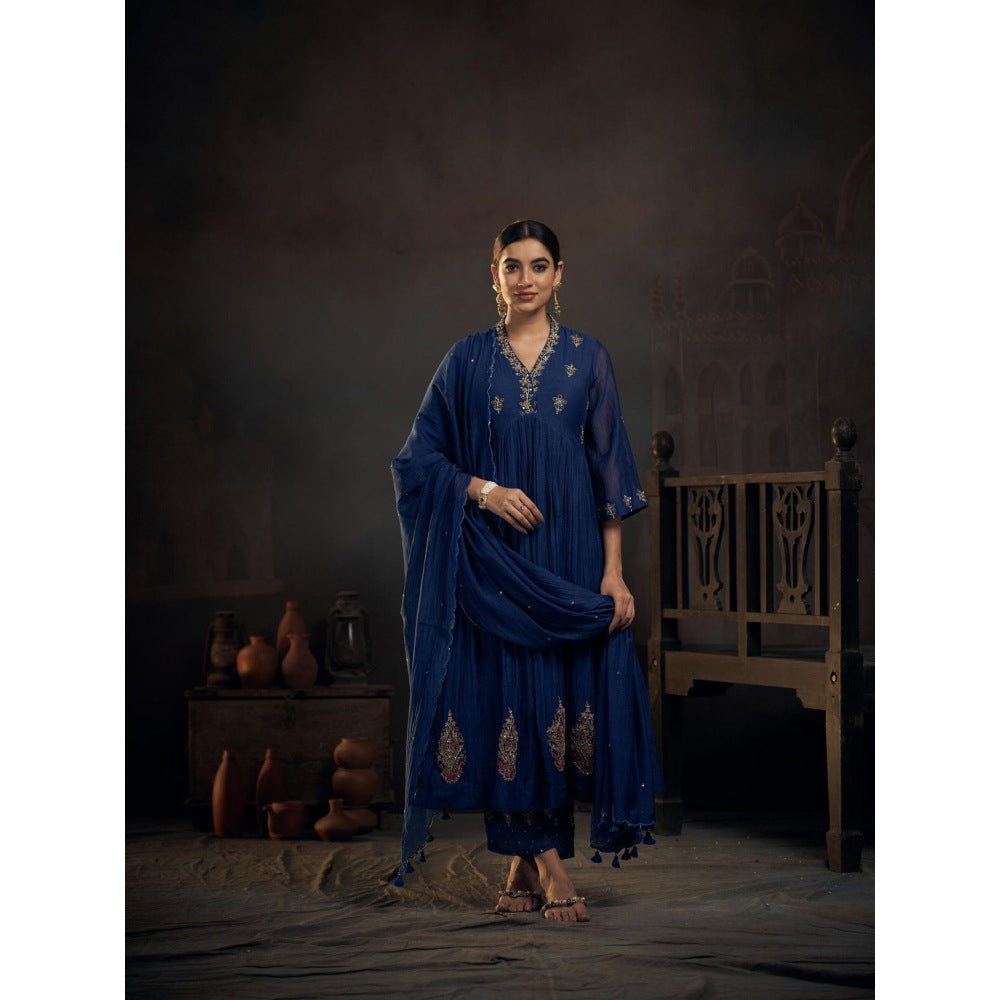 Hirika & Dhruti Blue Marodi Anarkali with Pant and Dupatta (Set of 3)