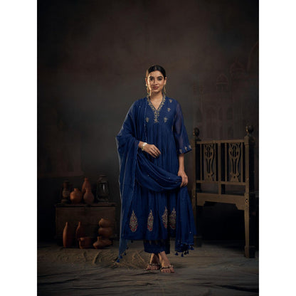 Hirika & Dhruti Blue Marodi Anarkali with Pant and Dupatta (Set of 3)