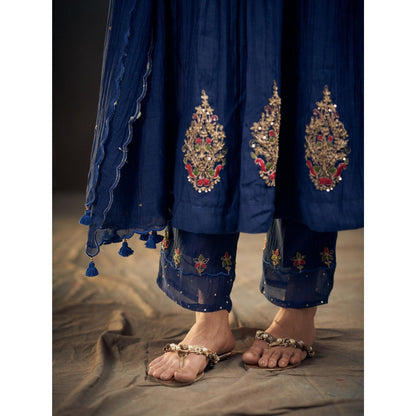 Hirika & Dhruti Blue Marodi Anarkali with Pant and Dupatta (Set of 3)