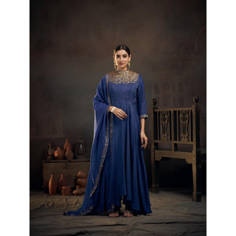 Hirika & Dhruti Up Down Blue Anarkali with Churidar and Dupatta (Set of 3)