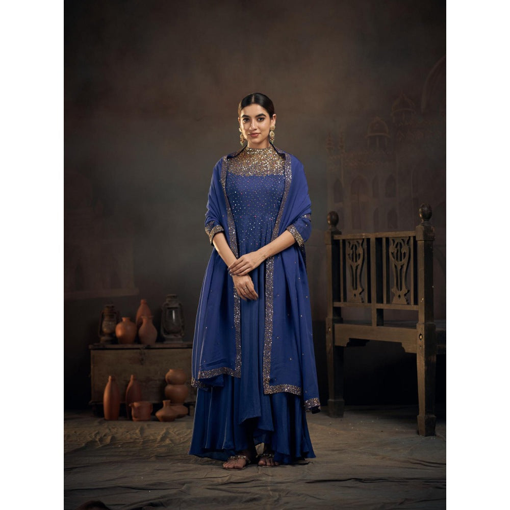 Hirika & Dhruti Up Down Blue Anarkali with Churidar and Dupatta (Set of 3)