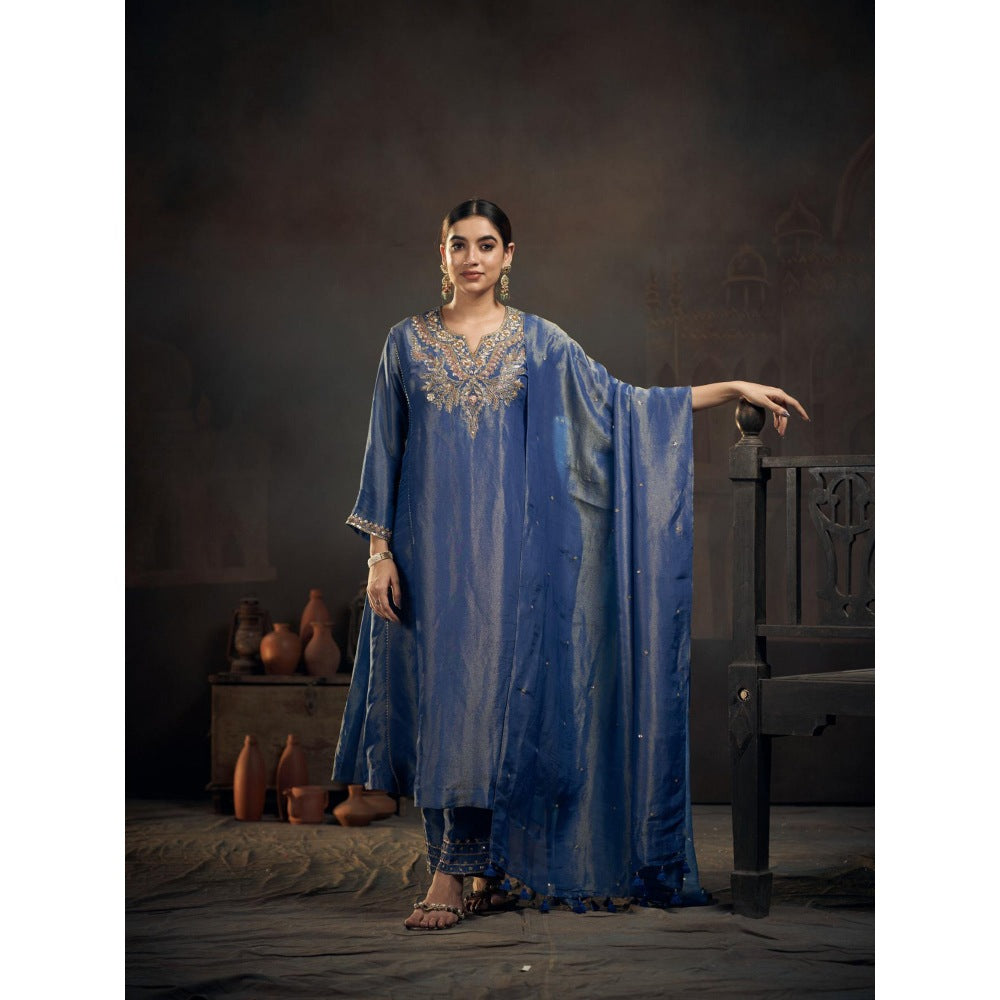 Hirika & Dhruti Blue Zardozi Work Tissue Anarkali with Pant and Dupatta (Set of 3)