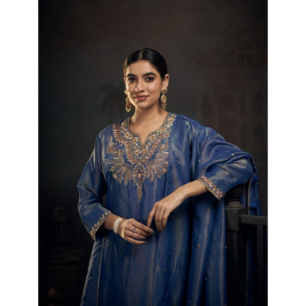 Hirika & Dhruti Blue Zardozi Work Tissue Anarkali with Pant and Dupatta (Set of 3)