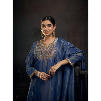 Hirika & Dhruti Blue Zardozi Work Tissue Anarkali with Pant and Dupatta (Set of 3)