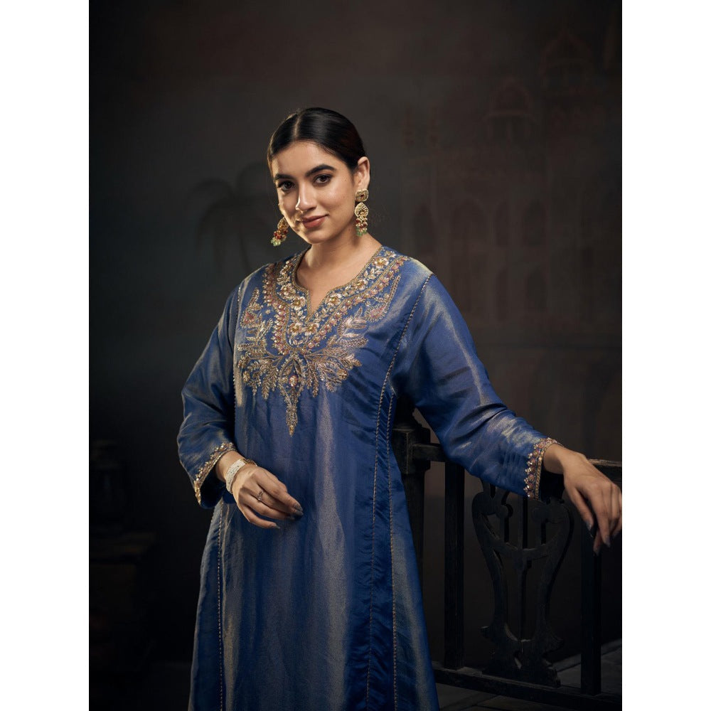 Hirika & Dhruti Blue Zardozi Work Tissue Anarkali with Pant and Dupatta (Set of 3)