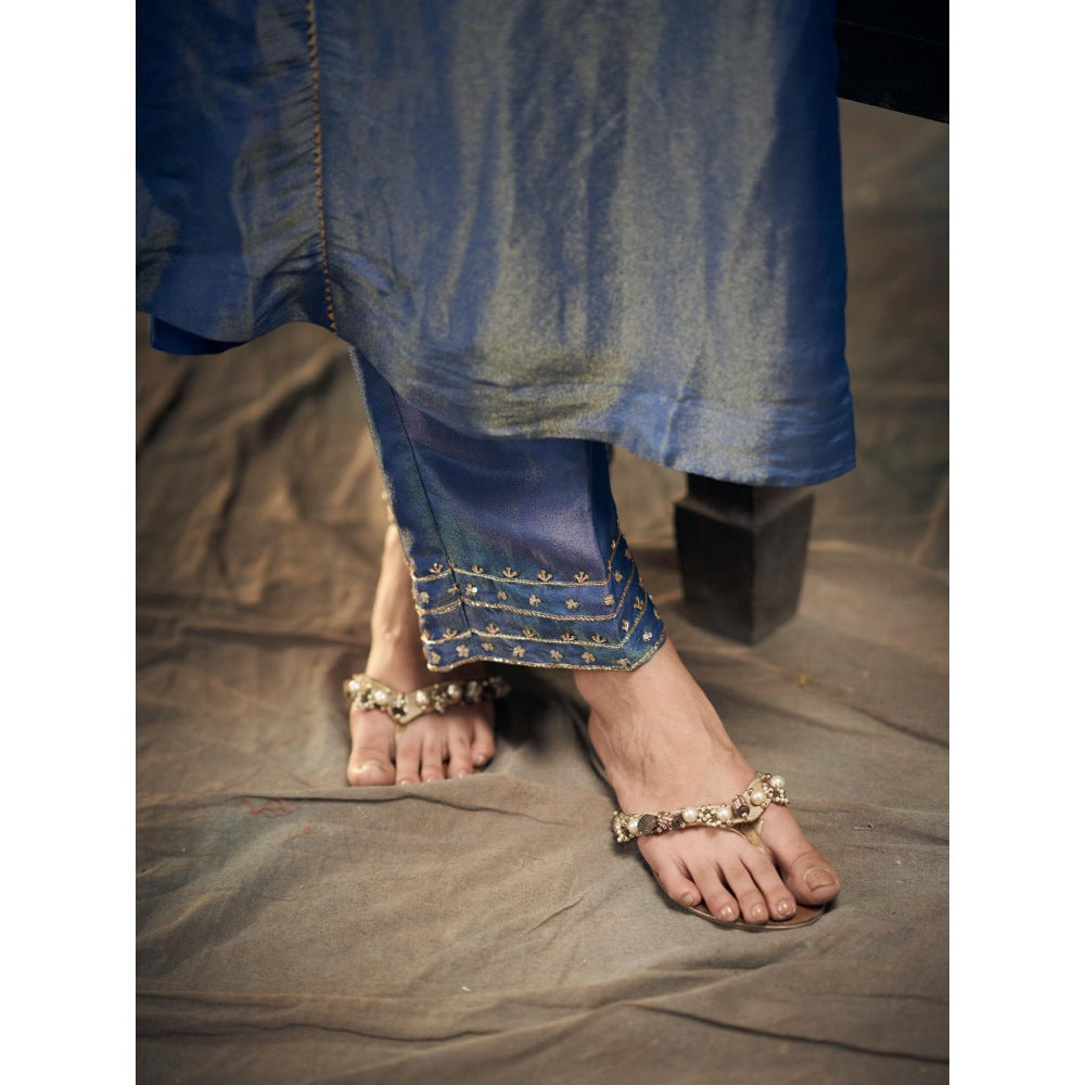 Hirika & Dhruti Blue Zardozi Work Tissue Anarkali with Pant and Dupatta (Set of 3)