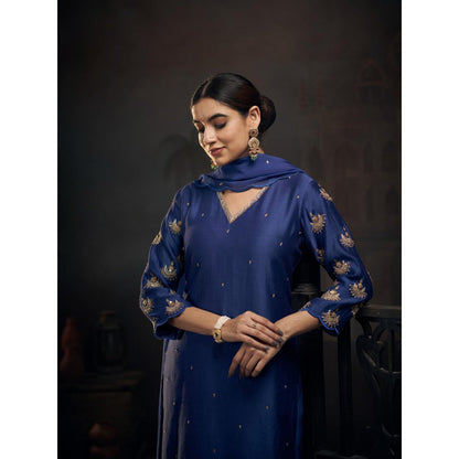 Hirika & Dhruti Blue Chaand Embroidery Kurta with Pant and Dupatta (Set of 3)