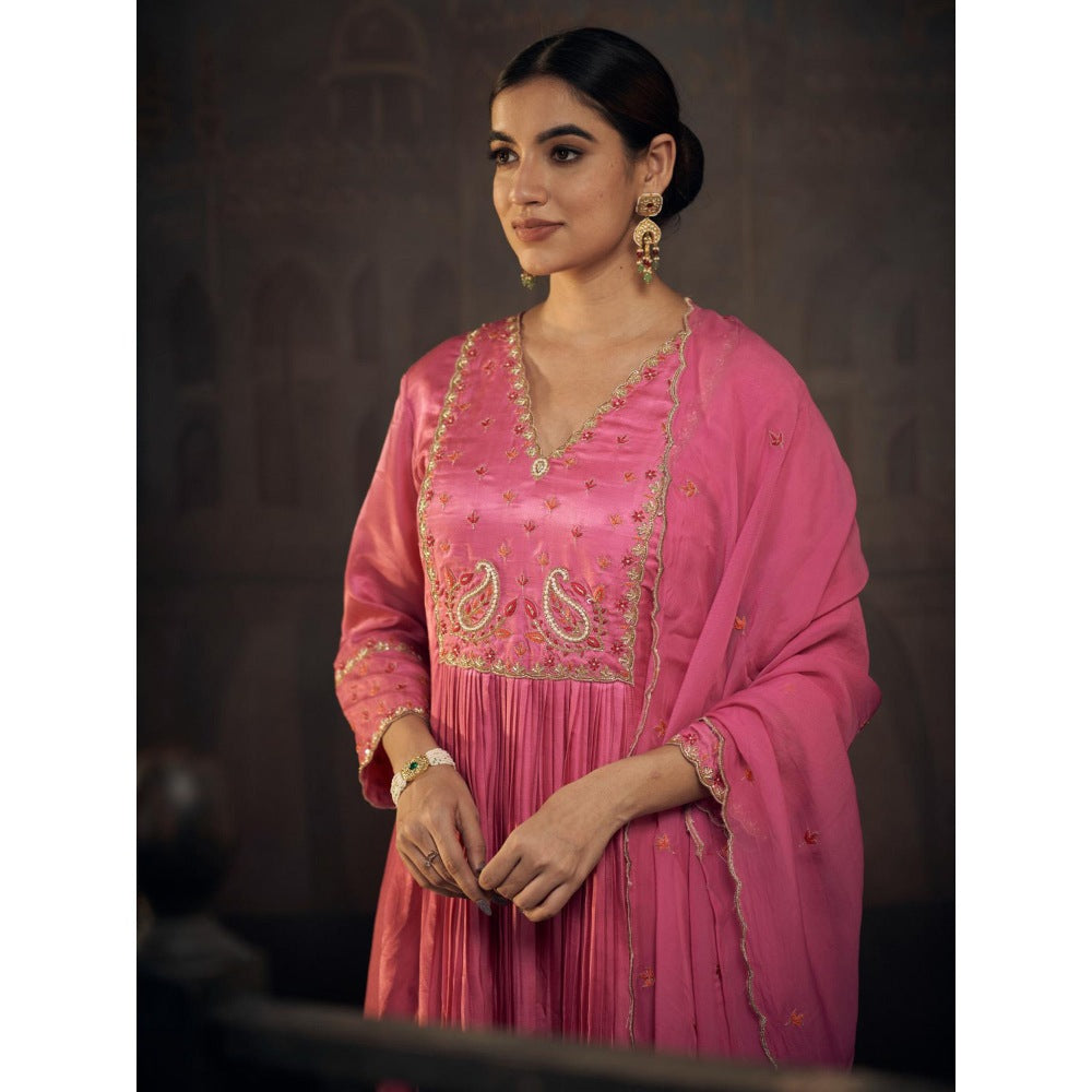 Hirika & Dhruti Pink Moti and Thread Embroidered Anarkali with Pant and Dupatta (Set of 3)