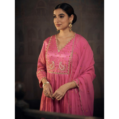 Hirika & Dhruti Pink Moti and Thread Embroidered Anarkali with Pant and Dupatta (Set of 3)