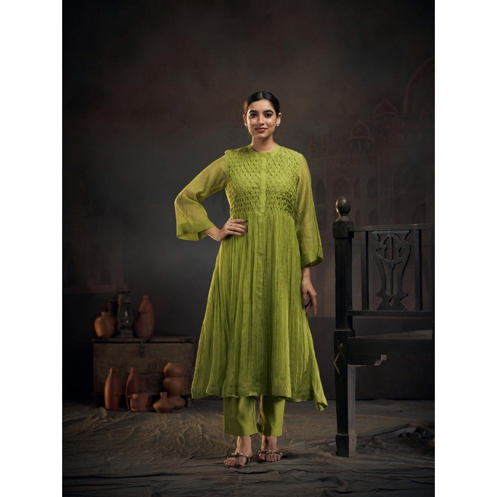 Hirika & Dhruti Green Chanderi Smoking Anarkali with Pant and Dupatta (Set of 3)