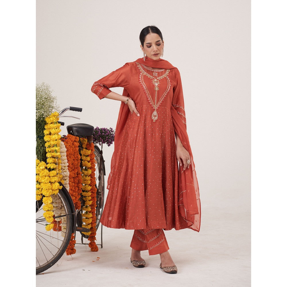 Hirika & Dhruti Rust Hand Embroidered Anarkali with Pant and Dupatta (Set of 3)