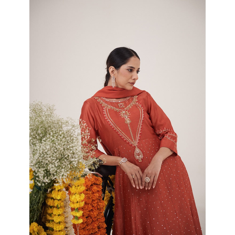 Hirika & Dhruti Rust Hand Embroidered Anarkali with Pant and Dupatta (Set of 3)