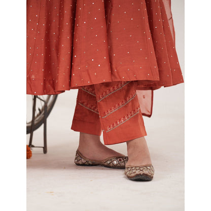 Hirika & Dhruti Rust Hand Embroidered Anarkali with Pant and Dupatta (Set of 3)