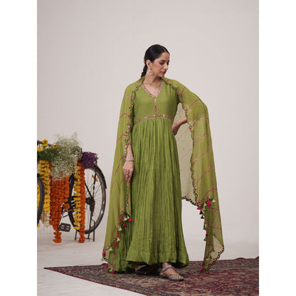 Hirika & Dhruti Green Mirror Keri Pleated Anarkali with Dupatta (Set of 2)