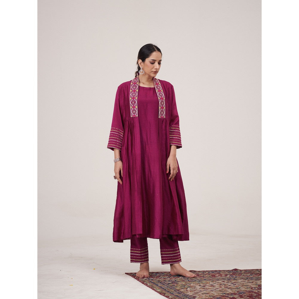 Hirika & Dhruti Magenta Light Pleated Inner Anarkali with Pant and Jacket (Set of 3)