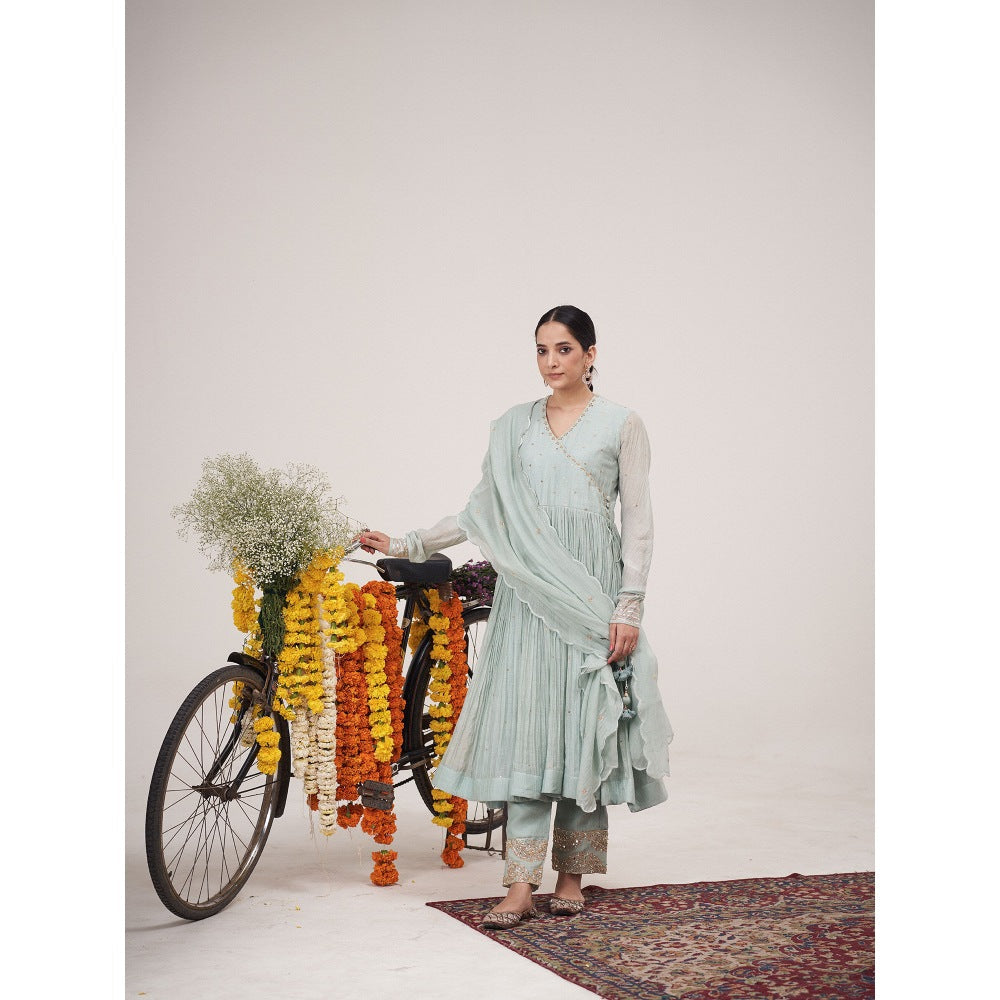Hirika & Dhruti Blue Hand Embroidered Metal Tikki Angarkha with Pant and Dupatta (Set of 3)