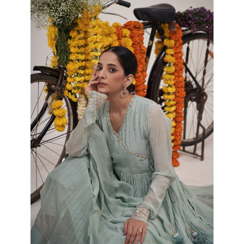 Hirika & Dhruti Blue Hand Embroidered Metal Tikki Angarkha with Pant and Dupatta (Set of 3)