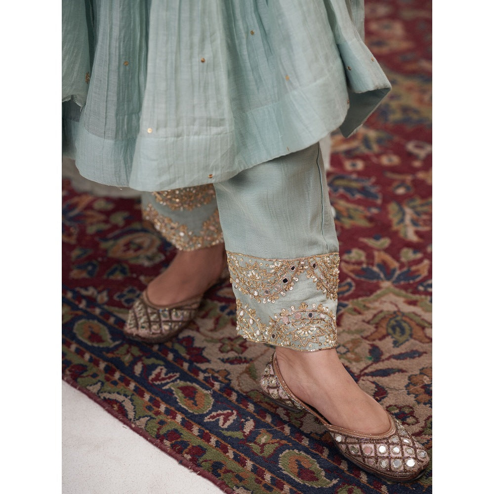 Hirika & Dhruti Blue Hand Embroidered Metal Tikki Angarkha with Pant and Dupatta (Set of 3)