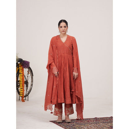 Hirika & Dhruti Rust Hand Embroidered Metal Tikki Angarkha with Pant and Dupatta (Set of 3)