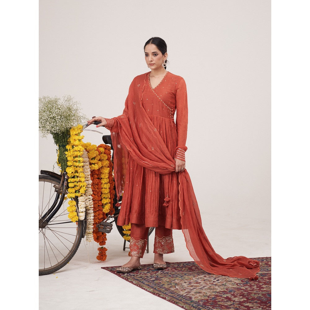 Hirika & Dhruti Rust Hand Embroidered Metal Tikki Angarkha with Pant and Dupatta (Set of 3)