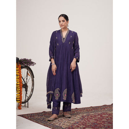 Hirika & Dhruti Blue Machine Embroidered Anarkali with Pant and Dupatta (Set of 3)