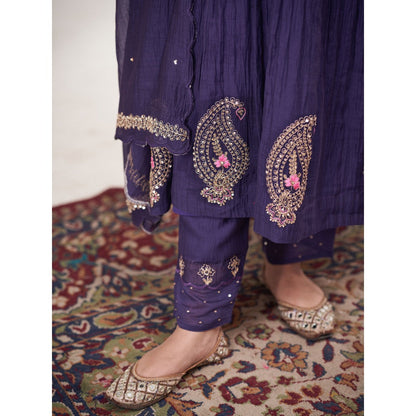 Hirika & Dhruti Blue Machine Embroidered Anarkali with Pant and Dupatta (Set of 3)