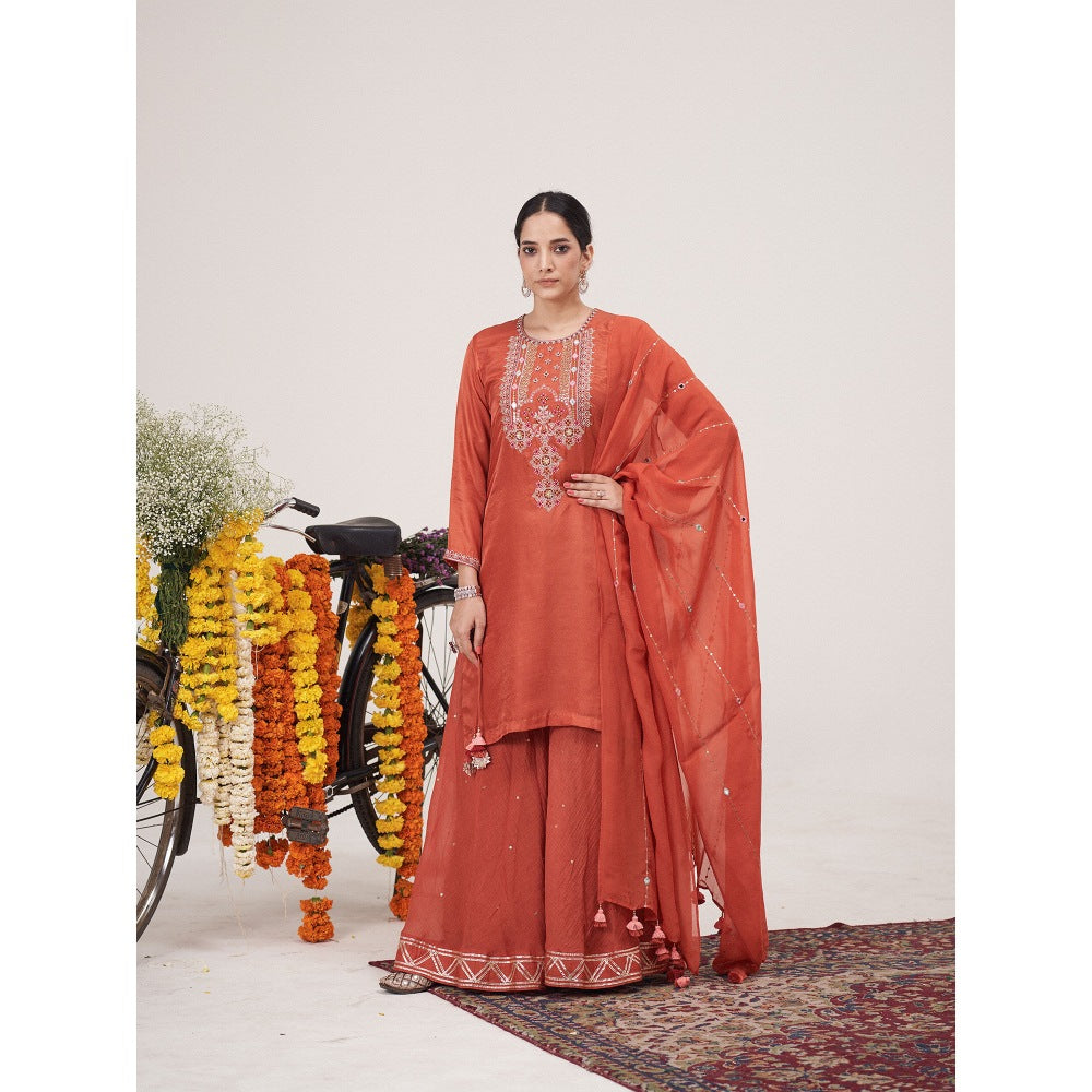 Hirika & Dhruti Rust Resham Hand Embroidered Kurta with Palazzo and Dupatta (Set of 3)