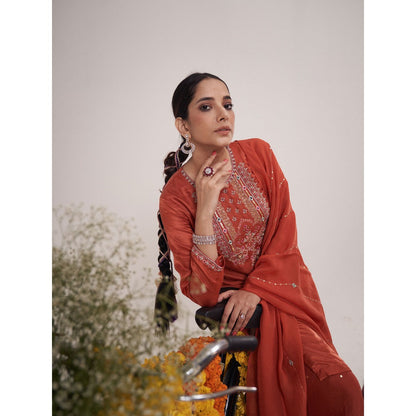 Hirika & Dhruti Rust Resham Hand Embroidered Kurta with Palazzo and Dupatta (Set of 3)
