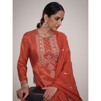Hirika & Dhruti Rust Resham Hand Embroidered Kurta with Palazzo and Dupatta (Set of 3)
