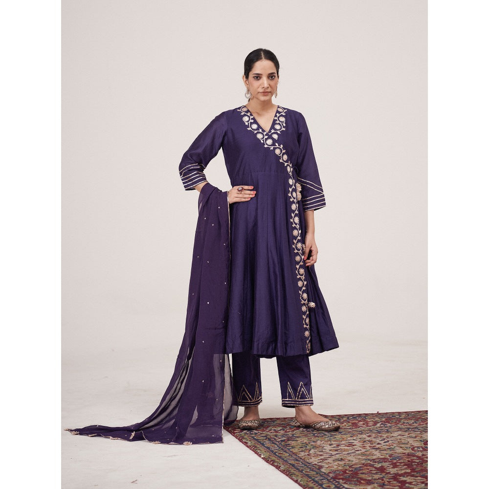Hirika & Dhruti Blue Flower Gotta Angarkha with Pant and Dupatta (Set of 3)