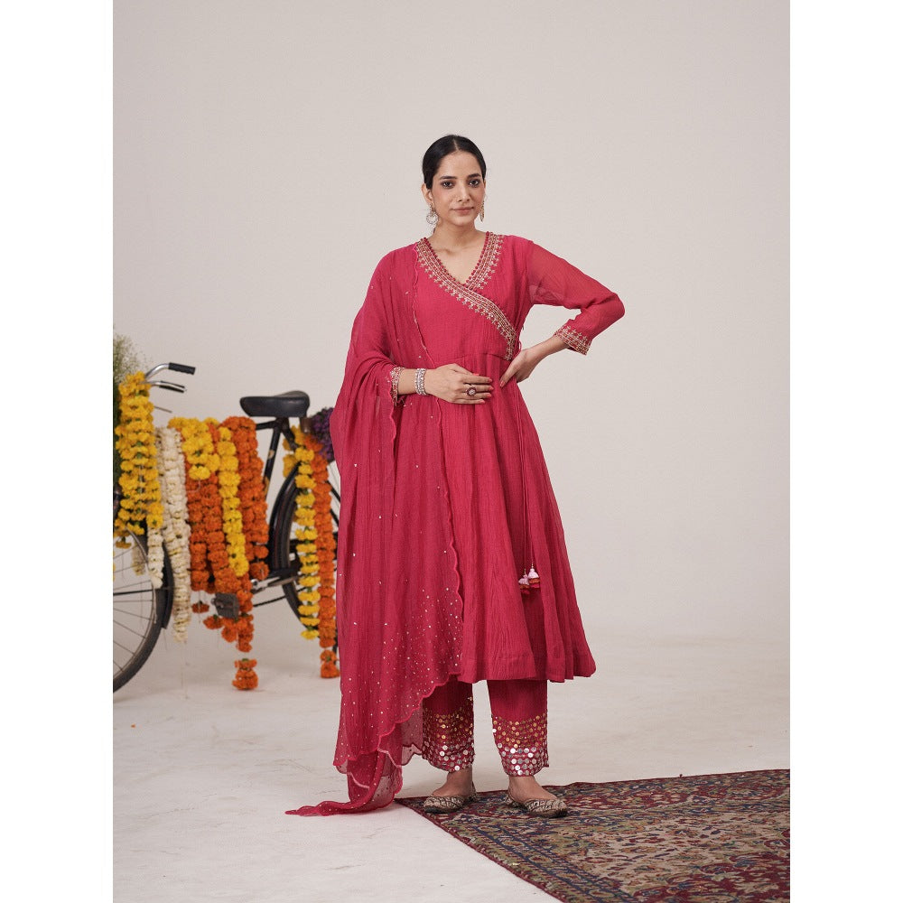 Hirika & Dhruti Pink Flower Gotta Angarkha with Pant and Dupatta (Set of 3)