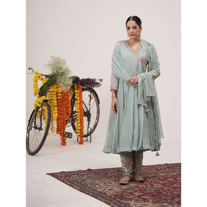 Hirika & Dhruti Blue Tikki Mirror Embroidered Angarkha with Pant and Dupatta (Set of 3)