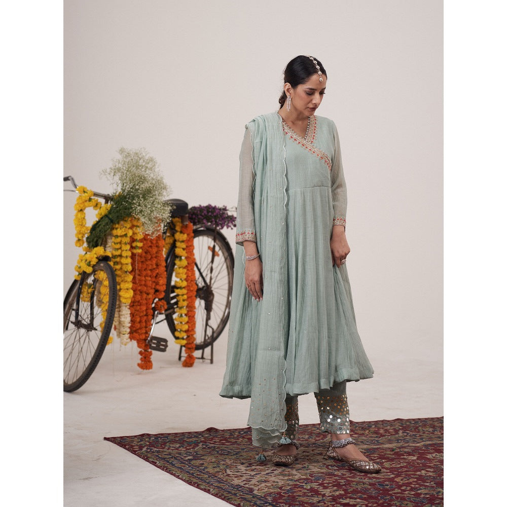 Hirika & Dhruti Blue Tikki Mirror Embroidered Angarkha with Pant and Dupatta (Set of 3)
