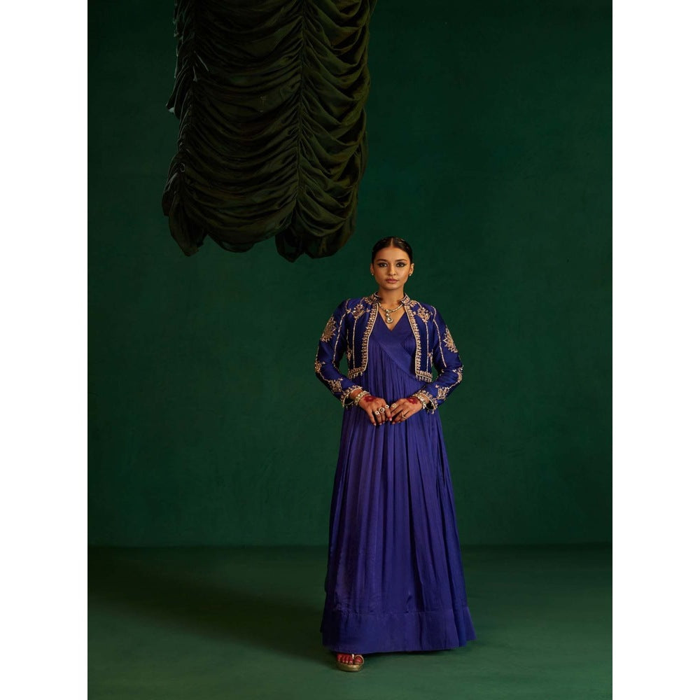 Hirika & Dhruti Womens Embroidered Blue Anarkali Kurta with Pant and Jacket