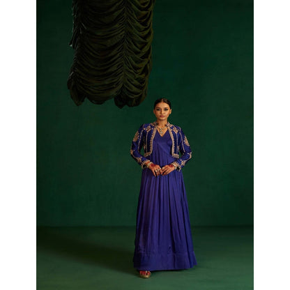 Hirika & Dhruti Womens Embroidered Blue Anarkali Kurta with Pant and Jacket