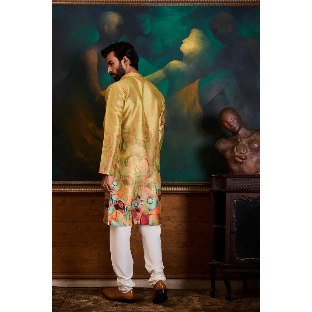 HISTORI Cotton Silk Men Olive Abstract Kurta with Churidar