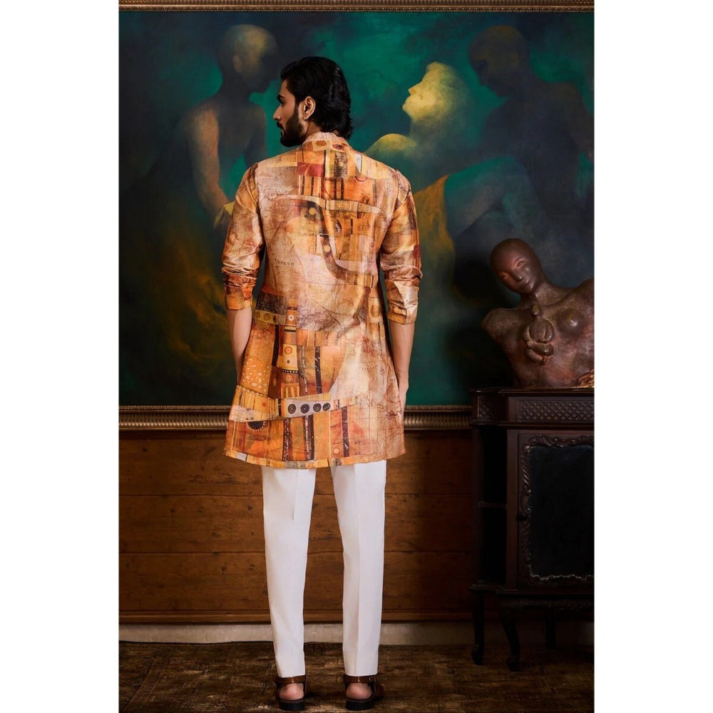 HISTORI Cotton Silk Men Mustard Abstract Kurta with Churidar