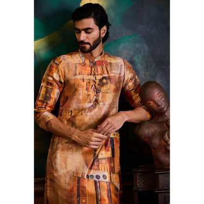 HISTORI Cotton Silk Men Mustard Abstract Kurta with Churidar