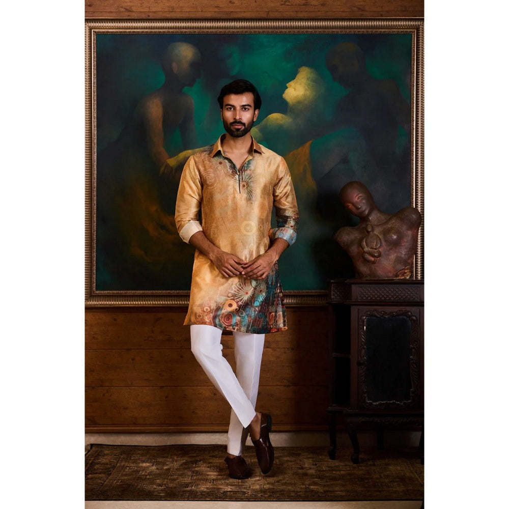 HISTORI Cotton Silk Men Rust Abstract Kurta with Pant