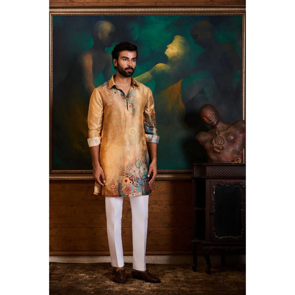 HISTORI Cotton Silk Men Rust Abstract Kurta with Pant