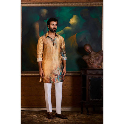 HISTORI Cotton Silk Men Rust Abstract Kurta with Pant