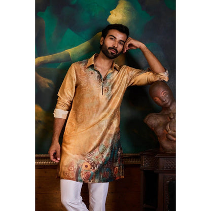 HISTORI Cotton Silk Men Rust Abstract Kurta with Pant
