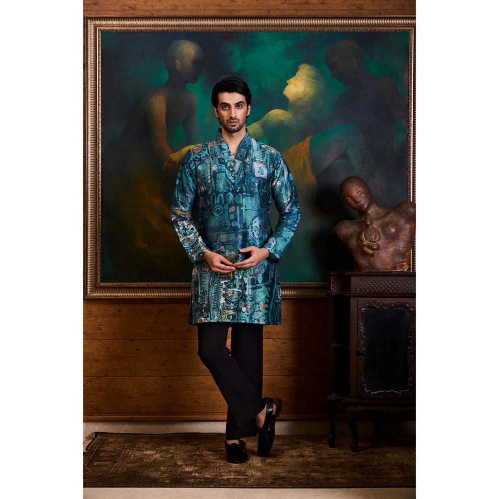 HISTORI Cotton Lycra Men Blue Abstract Kurta with Pant